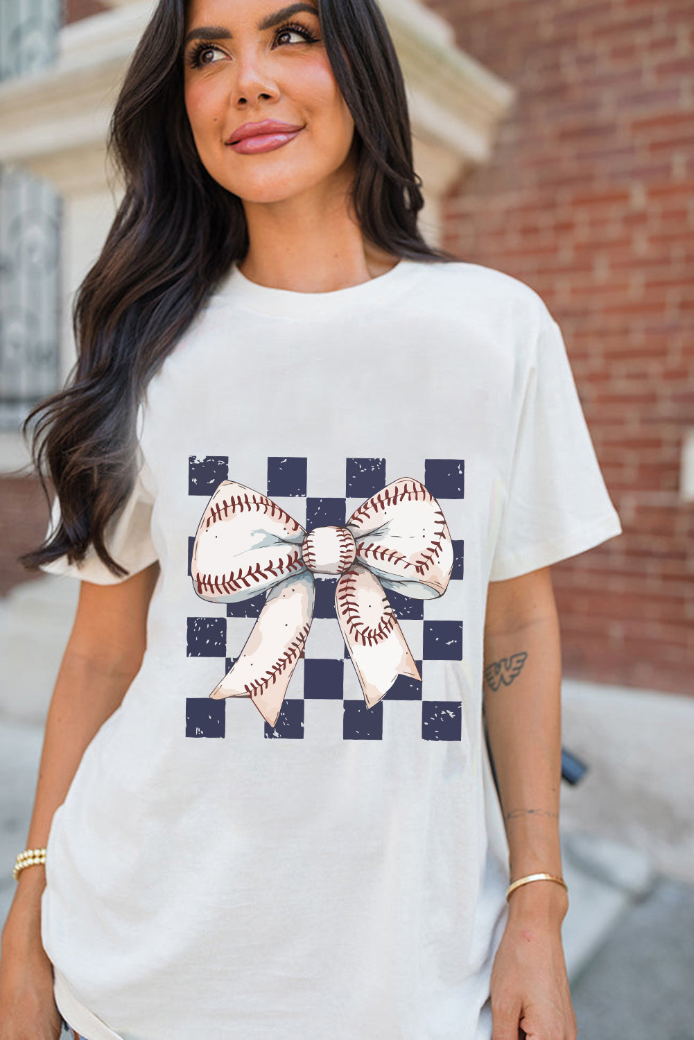 White Checkered Rugby Bowknot Graphic Crew T Shirt