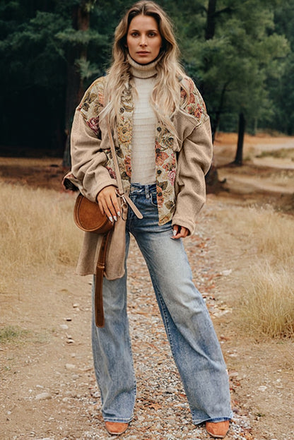 Khaki Floral Waffle Knit Patchwork Chest Pockets Buttoned Jacket