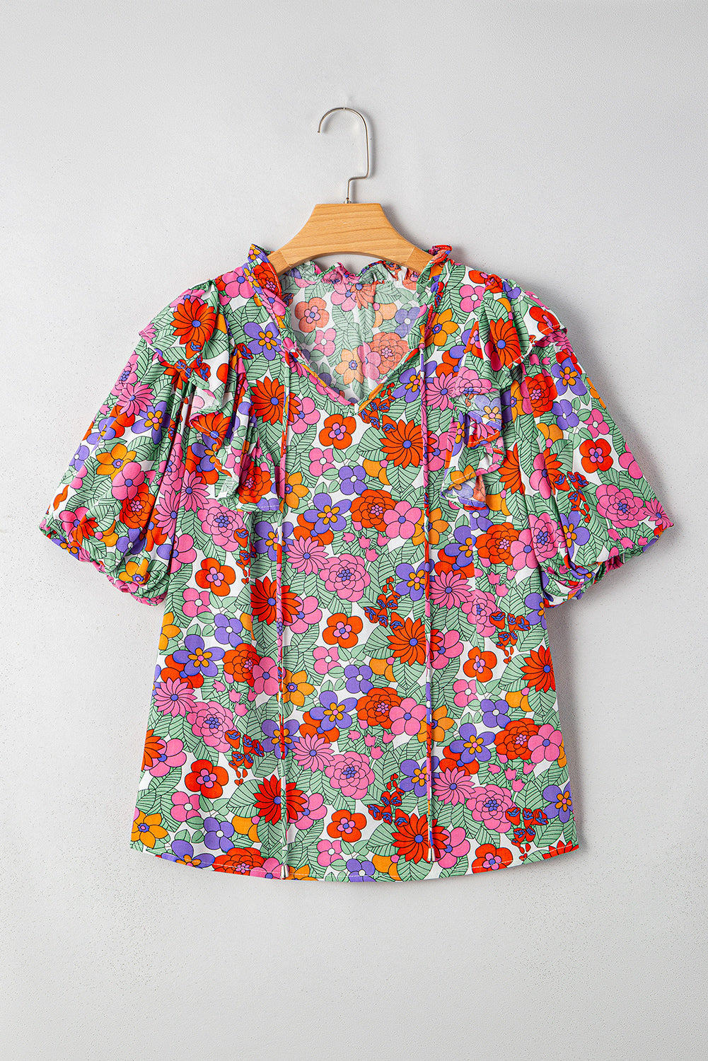 Red Floral Tie Split Neck Ruffle Puff Sleeve Blouse