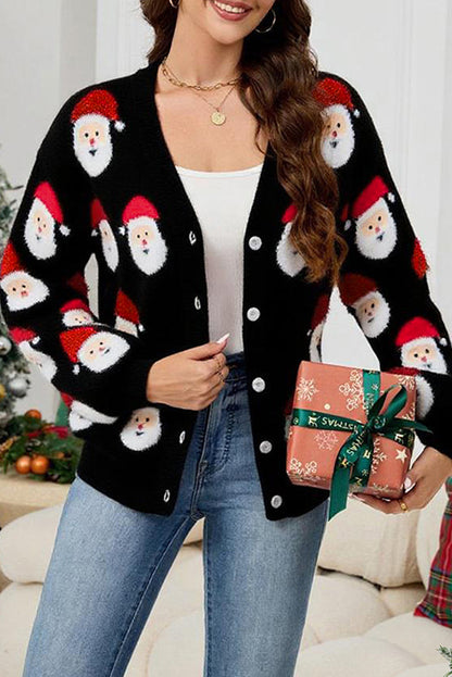Pink Christmas Santa Claus Pattern Button V Neck Sweater Cardigan
