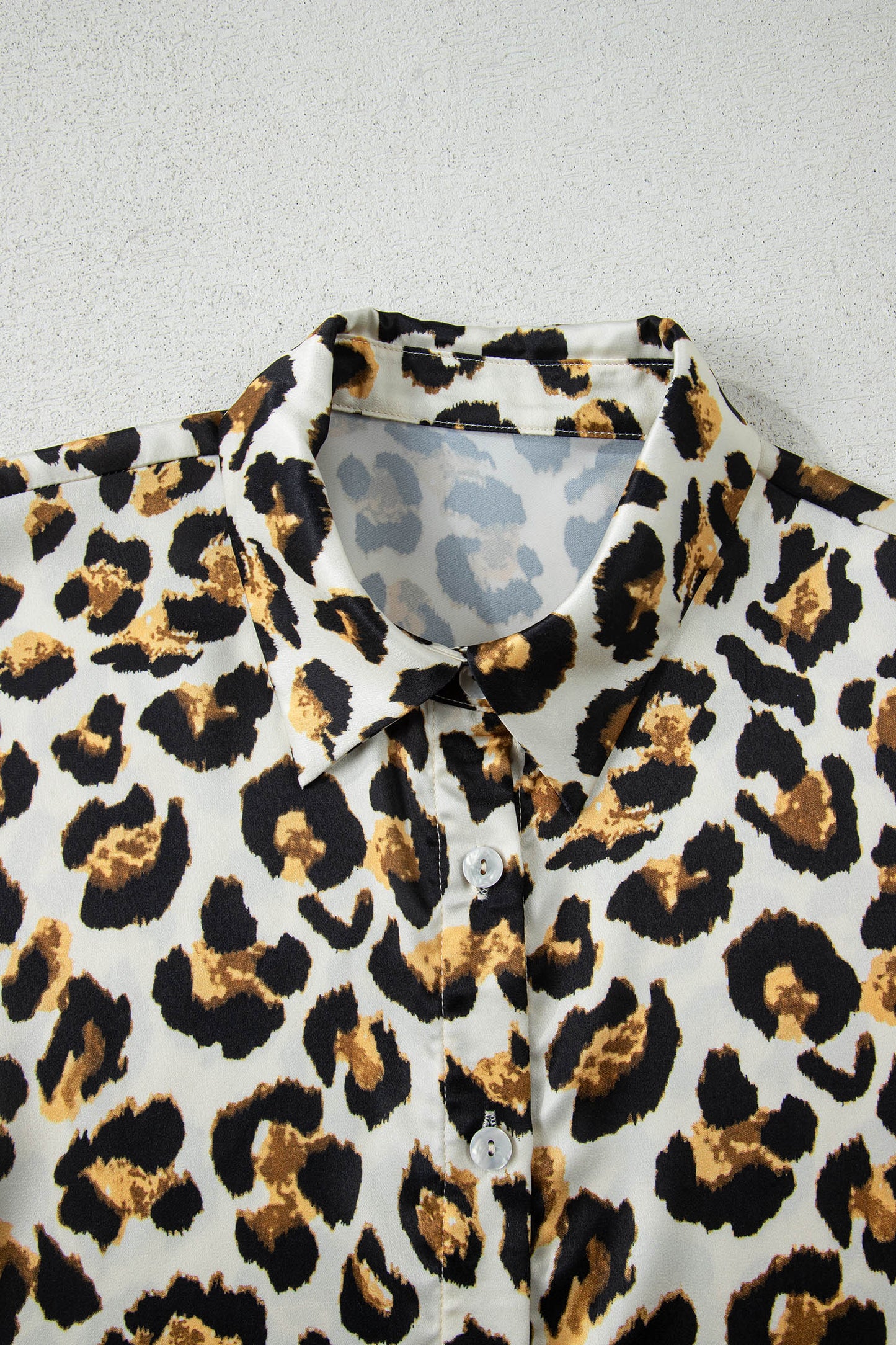 Khaki Leopard Print Ruffle Trim 3/4 Sleeve Loose Shirt
