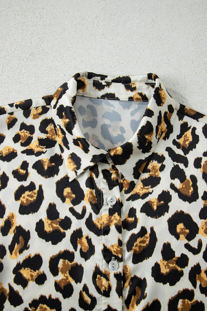 Khaki Leopard Print Ruffle Trim 3/4 Sleeve Loose Shirt