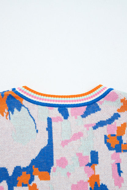 Apricot Abstract Pattern Knit Contrast Striped Trim Short Sleeve Sweater