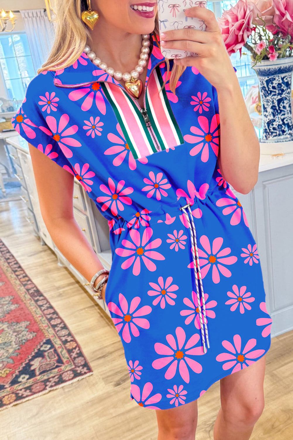 Purple Floral Striped Quarter Zip Cap Sleeve Drawstring Waist Mini Dress