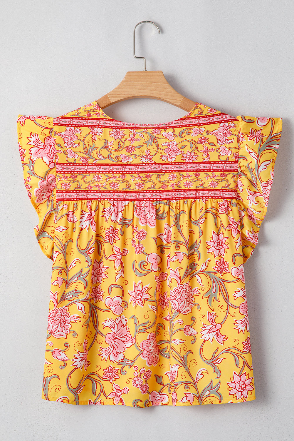 Yellow Floral Notched Neck Ruffled Sleeve Casual Blouse