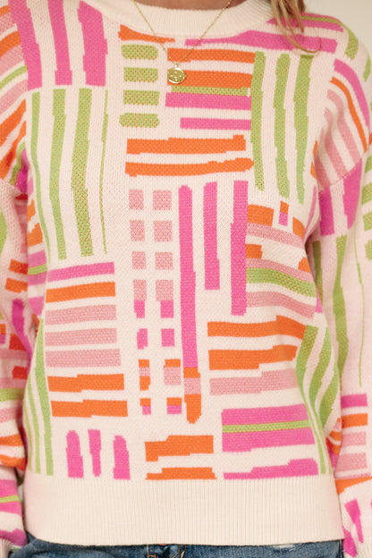 Rose Love Lines Pattern Crew Neck Puff Sleeve Sweater