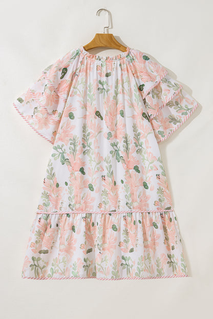 Pink Plus Size Floral Print Striped Detail Short Summer Dress