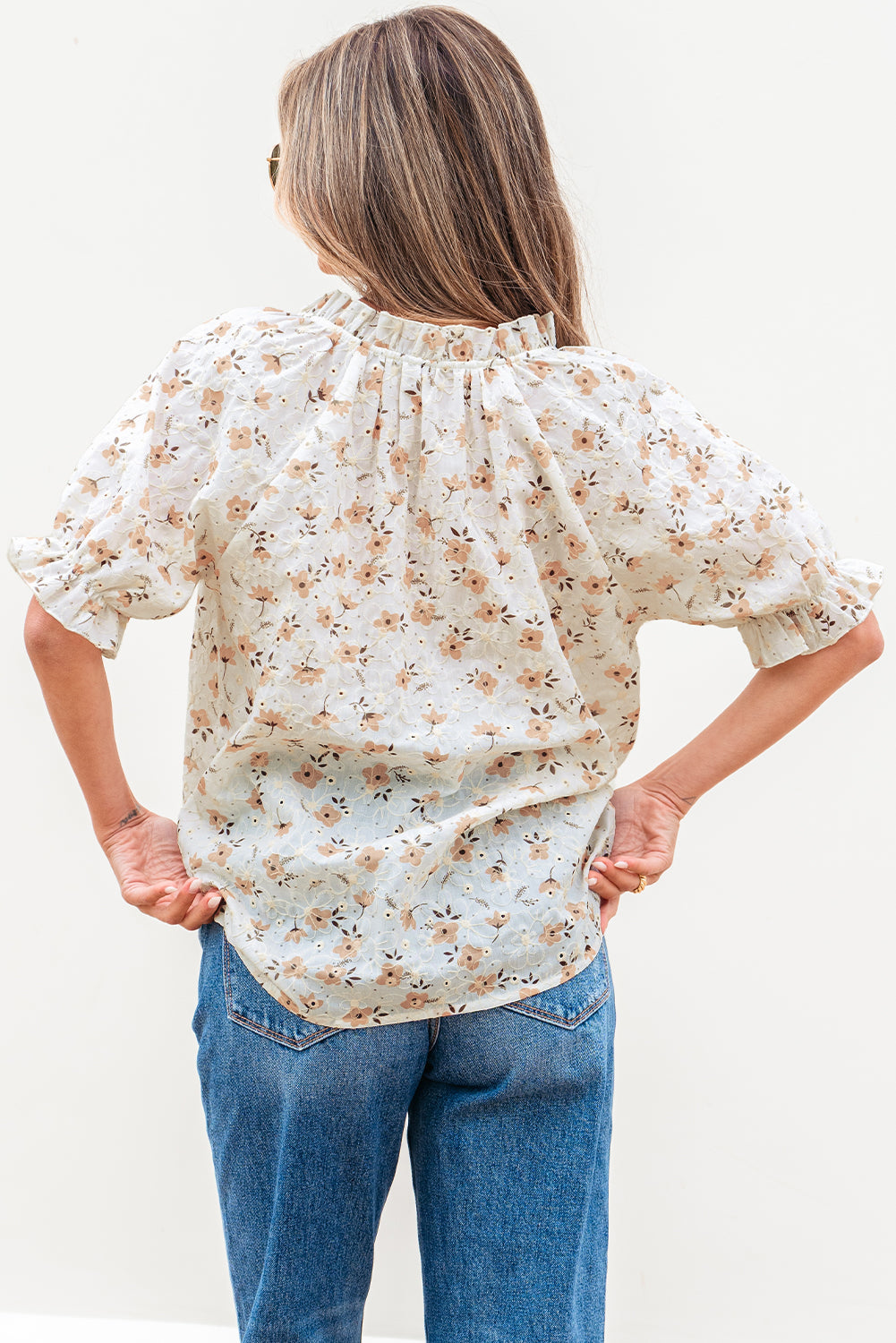 White Floral Eyelet Embroidered Puff Sleeve Notch V Neck Blouse