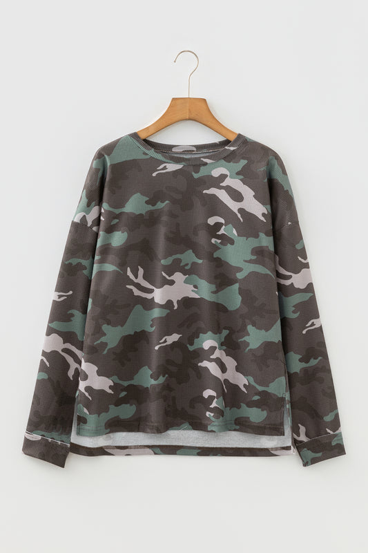 Green Camouflage Print Textured Drop Shoulder Long Sleeve Top