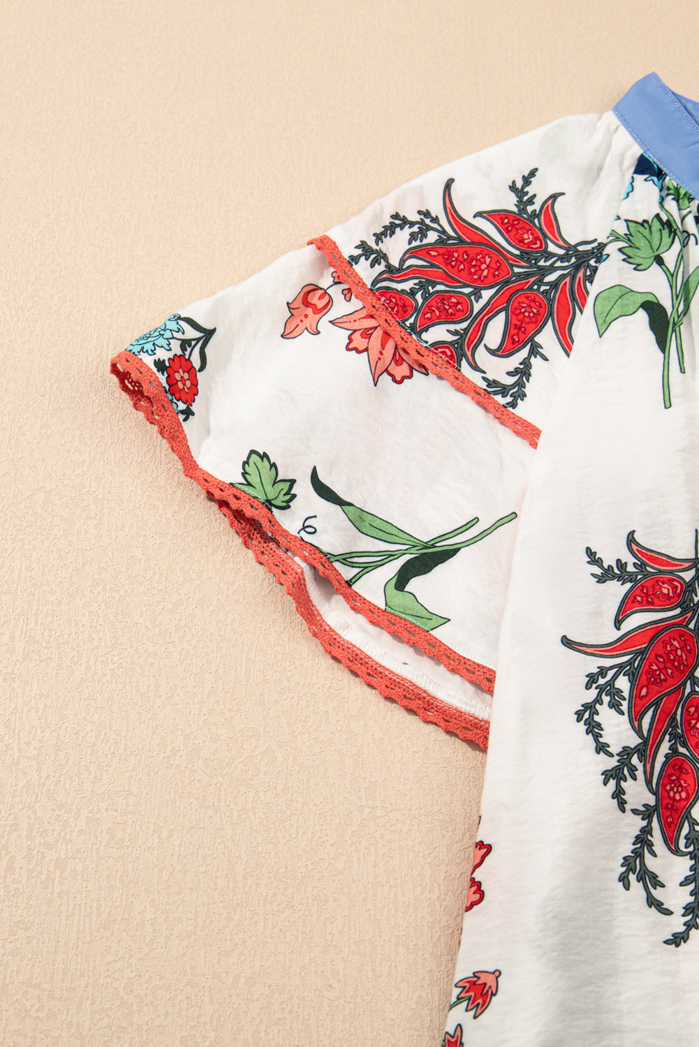 White Floral Print Contrast V Neck Tassel Tie Lace Detail Short Sleeve Blouse