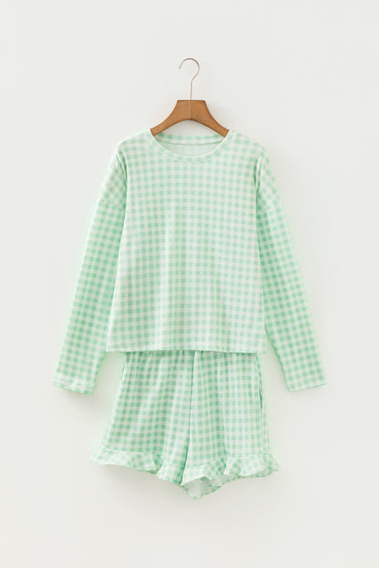 Green Gingham Long Sleeve Loose Top Drawstring Shorts 2pcs Lounge Set