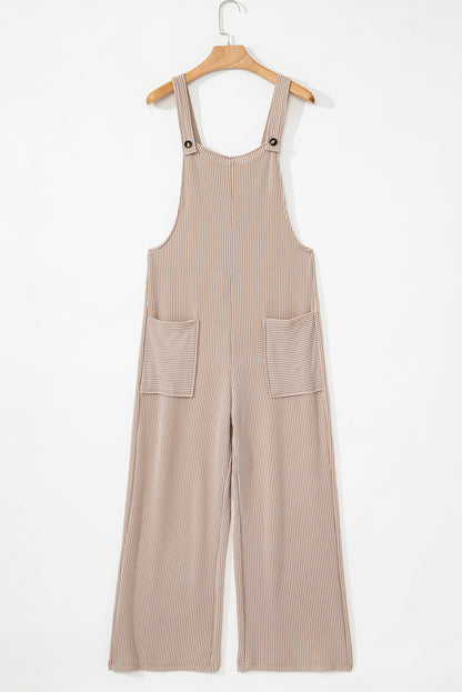 Parchment Ribbed Knit Patched Pocket Wide Leg Overalls