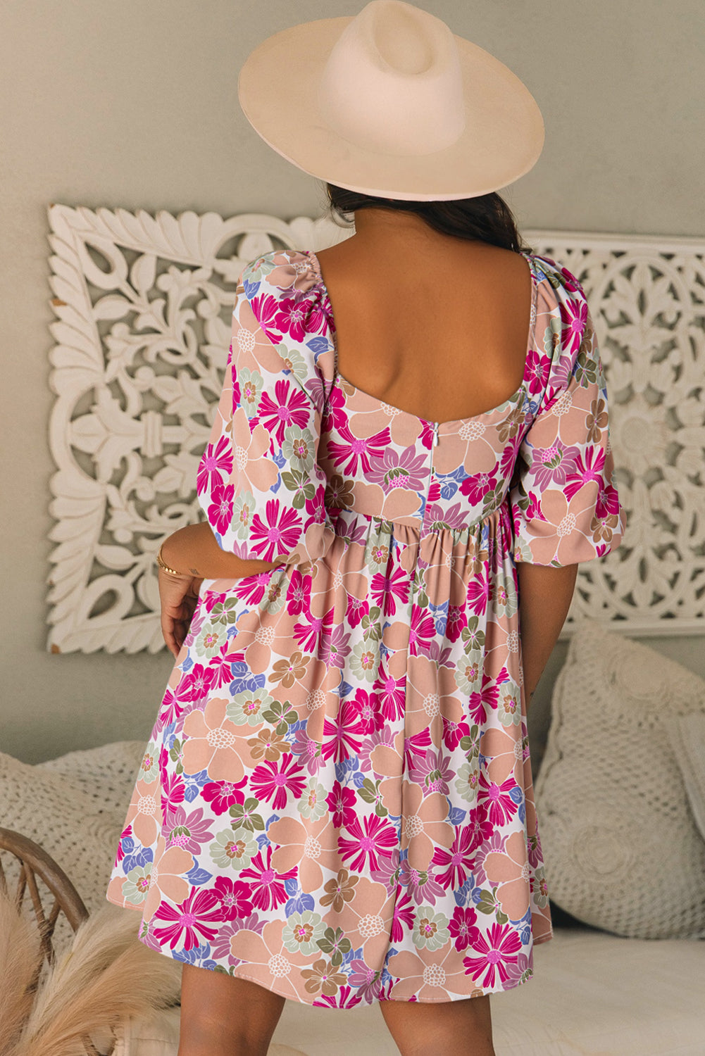 Rose Summer Floral Square Neck Puff Sleeve Babydoll Dress