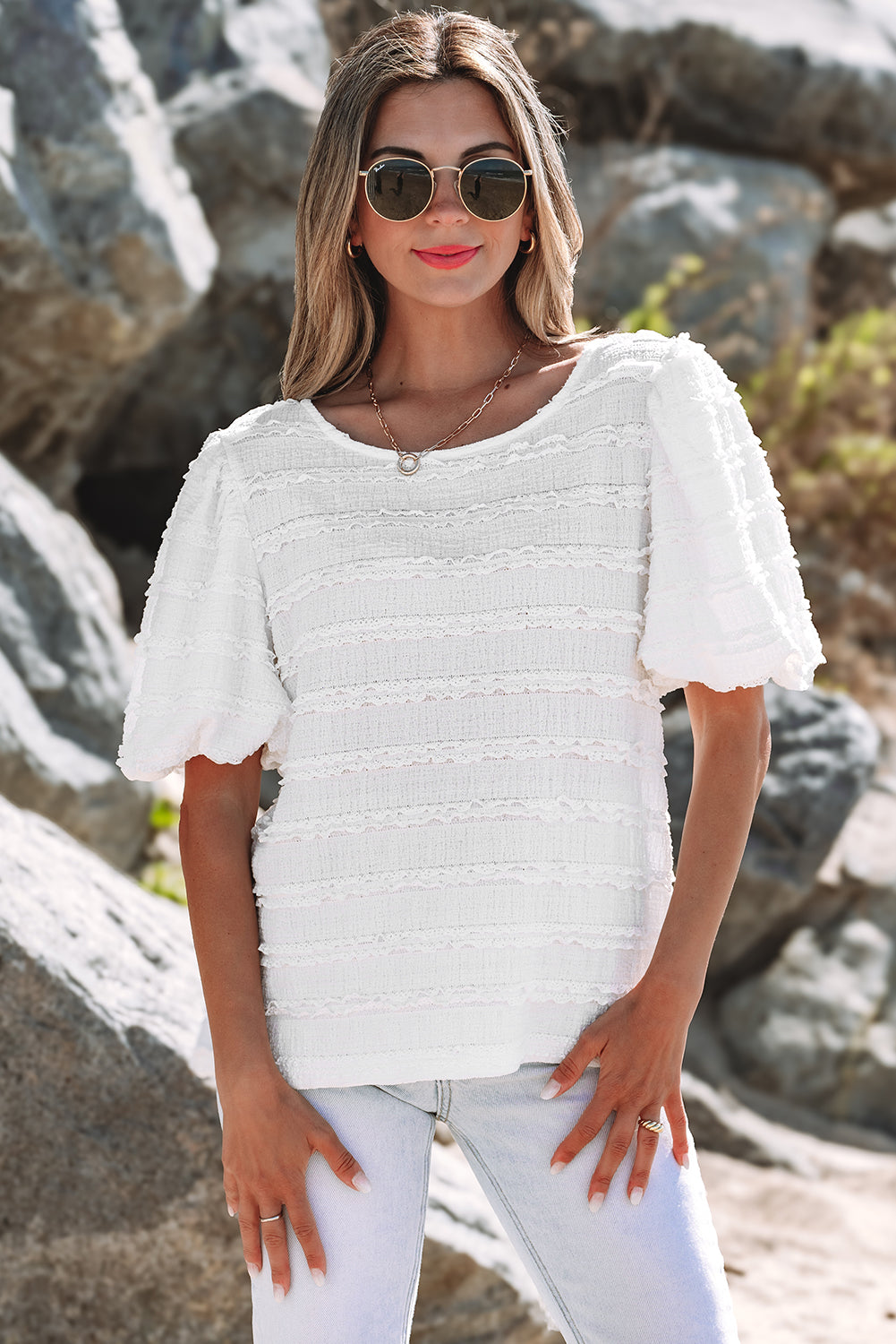 White Frilled Lace Trim Bubble Sleeve Blouse
