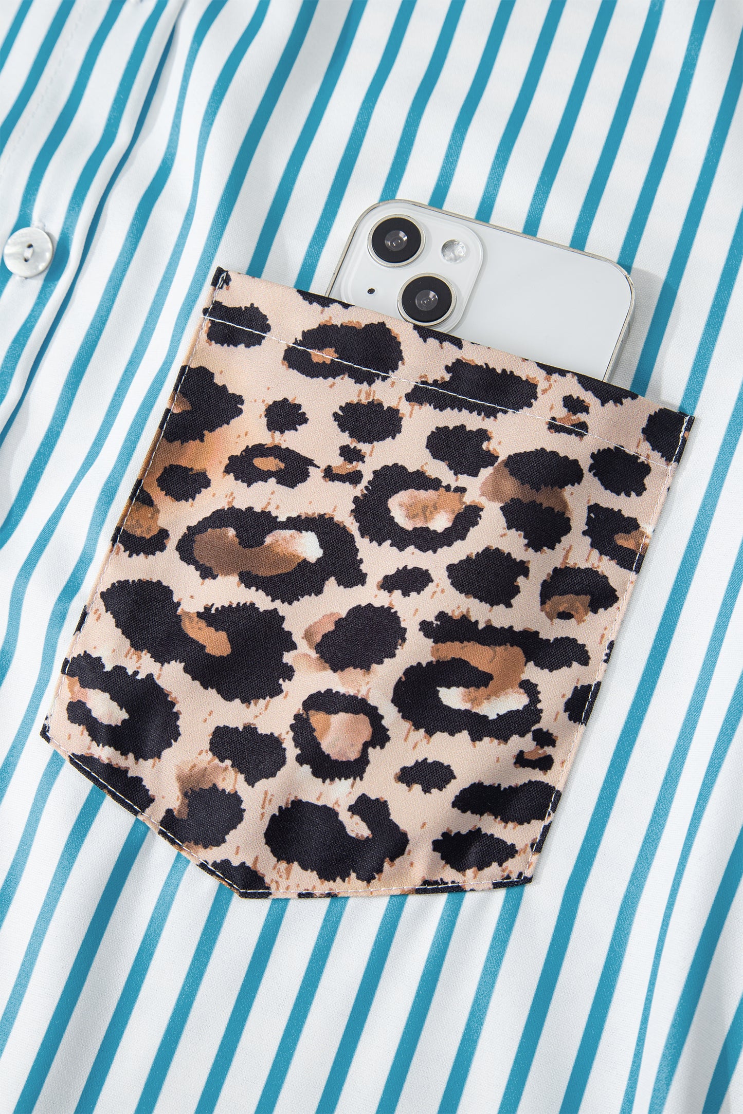 Sky Blue Stripe Contrast Leopard Patchwork Long Shirt Dress with Slits