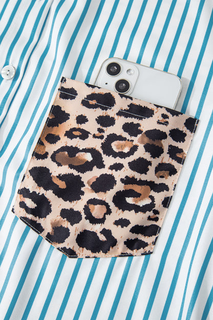 Sky Blue Stripe Contrast Leopard Patchwork Long Shirt Dress with Slits