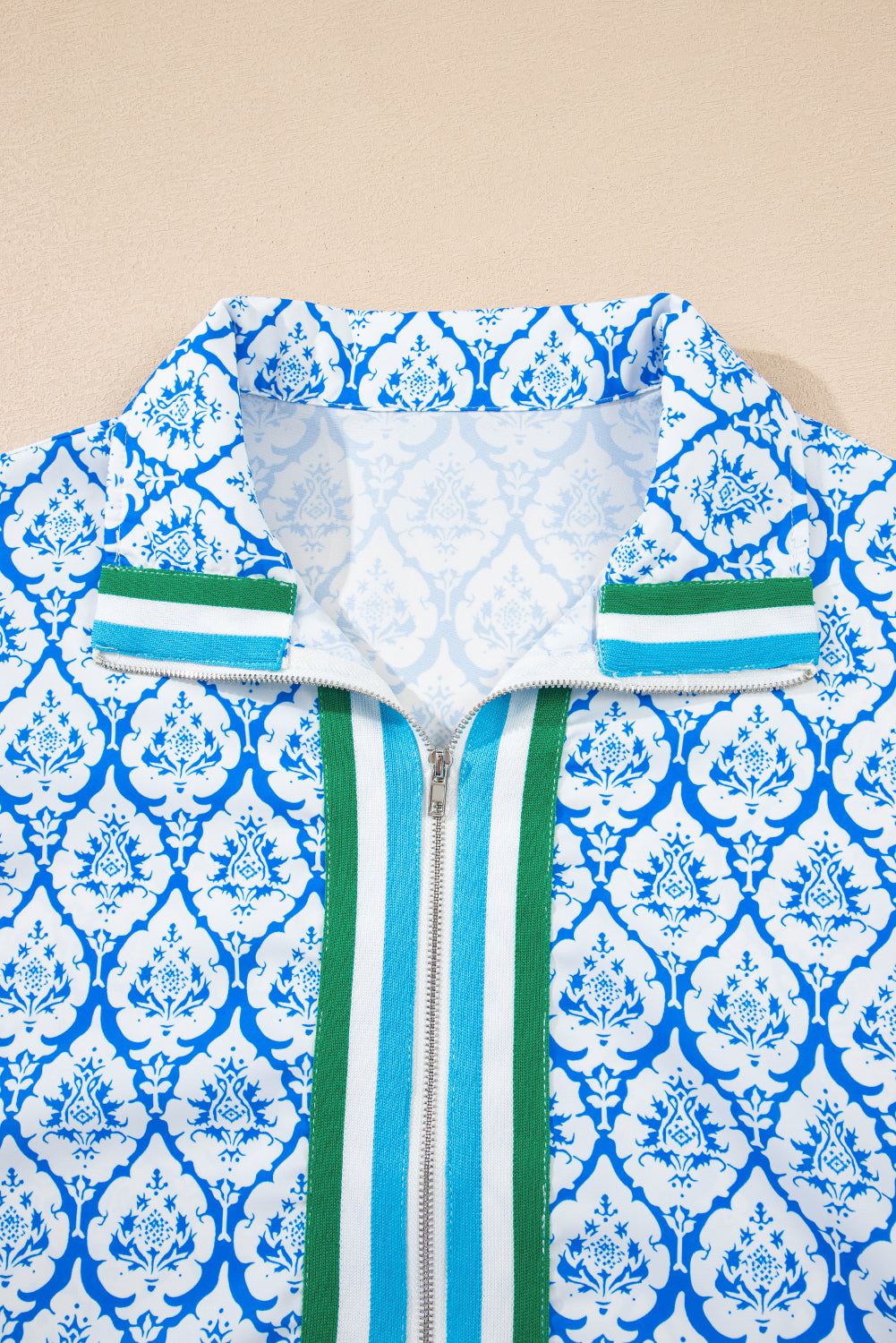 Sky Blue Western Print Zipped Collar Short Sleeve Summer Blouse Top