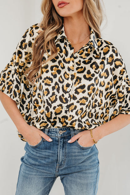 Khaki Leopard Print Ruffle Trim 3/4 Sleeve Loose Shirt