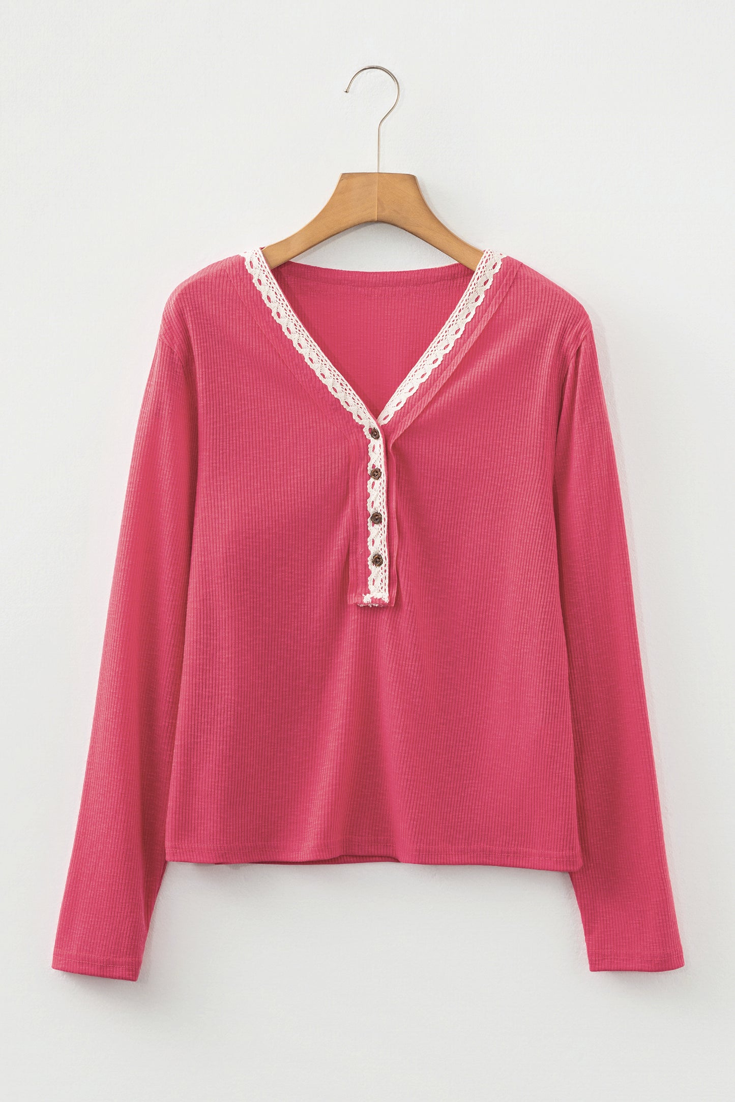 Racing Red Ribbed Texture Contrasted Lace Trim Button V Neck Long Sleeve Top