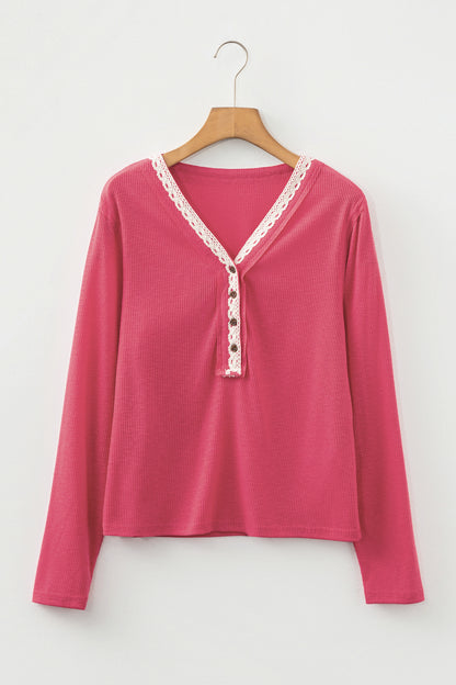 Racing Red Ribbed Texture Contrasted Lace Trim Button V Neck Long Sleeve Top