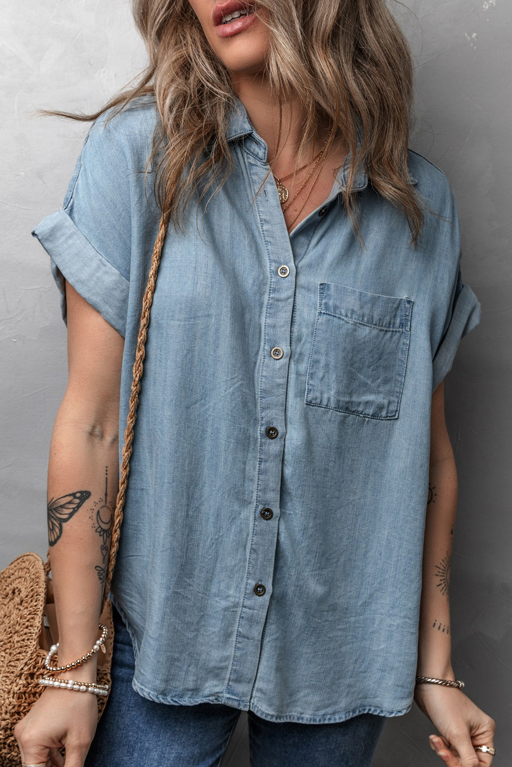 Dusk Blue Folded Short Sleeve Patched Pocket Denim Shirt