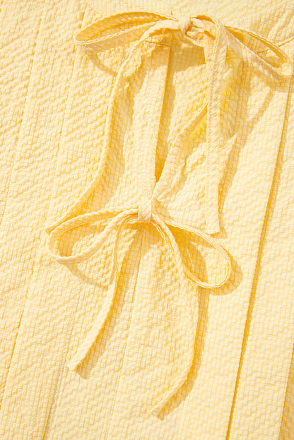 Yellow Cream Bow Tie Notched Neck Pleated Tank Top