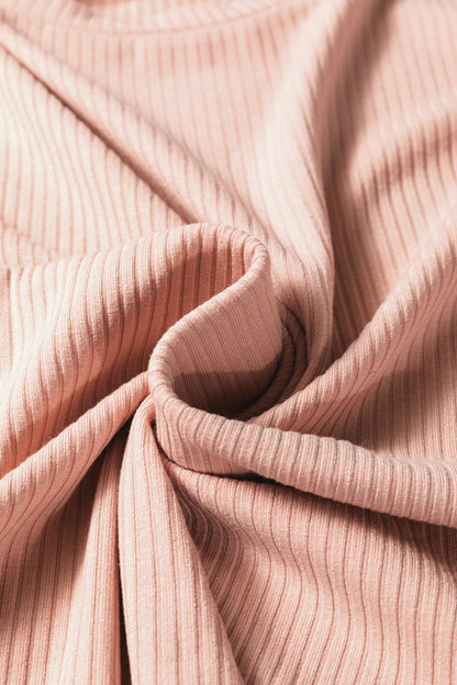 Dusty Pink Solid Color Ribbed Ruffled Short Sleeve T Shirt