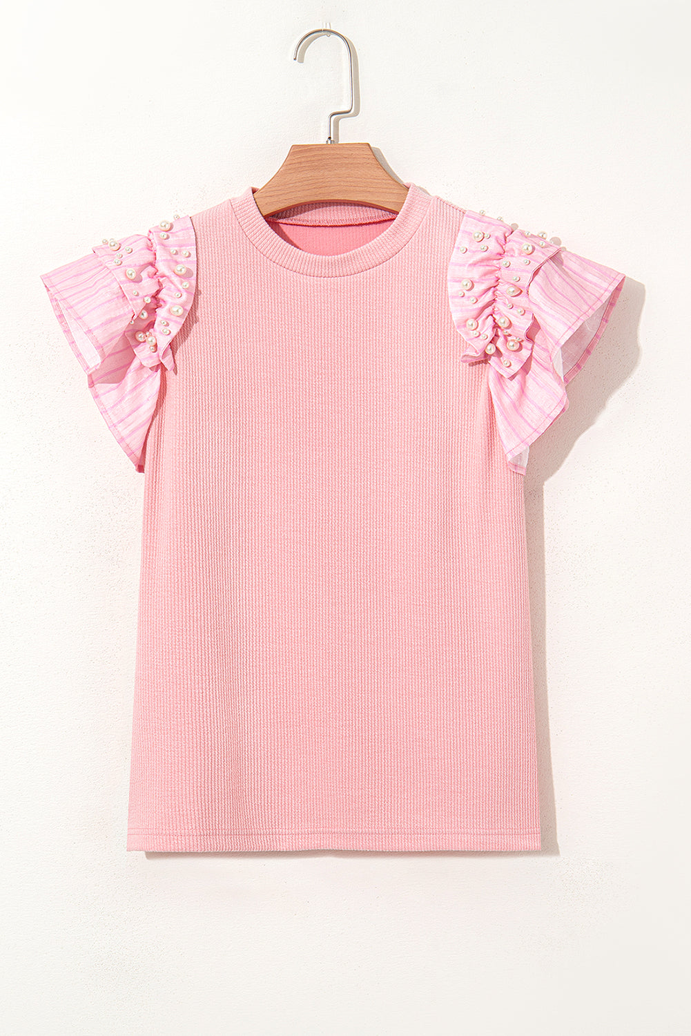 Light Pink Pearl Beaded Ruffle Short Sleeve Patchwork Ribbed Blouse