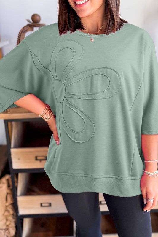 Clearly Aqua Floral Patched Half Sleeve Tunic Top