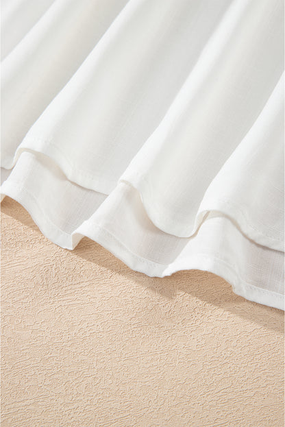 White Floral Embroidered Drawstring V Neck Blouse