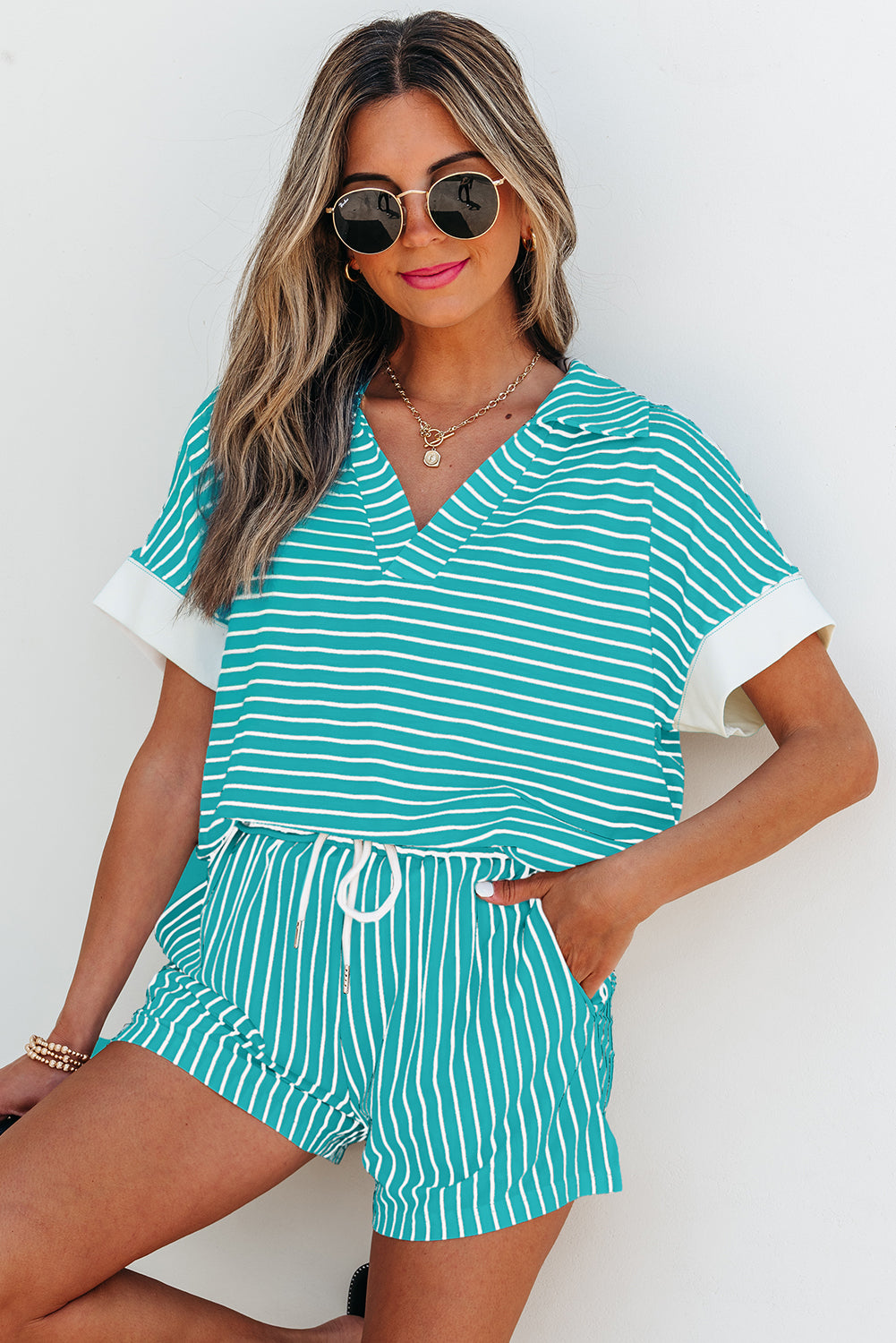 Sky Blue Stripe V Neck Tee and Casual Short Set