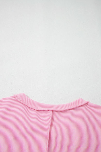 Pink Horizontal Ribbed Exposed Seam Detail Drop Shoulder Baggy Pullover