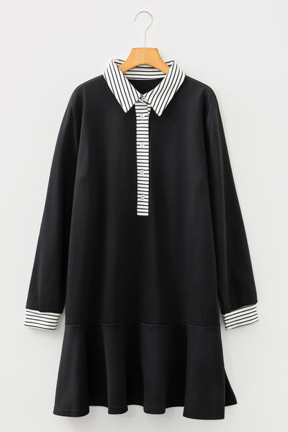 Black Plus Size Striped Cuffs Polo Collar Patchwork Long Sleeve Ruffle Hem Dress