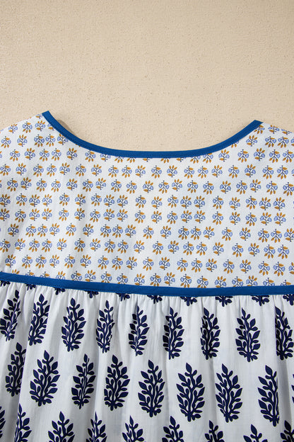 White Plus Size Boho Floral Print Contrast Trim Split Neck Puff Sleeve Patchwork Blouse