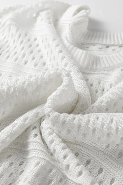White Hollow Out Knit Round Neck Dolman Sweater