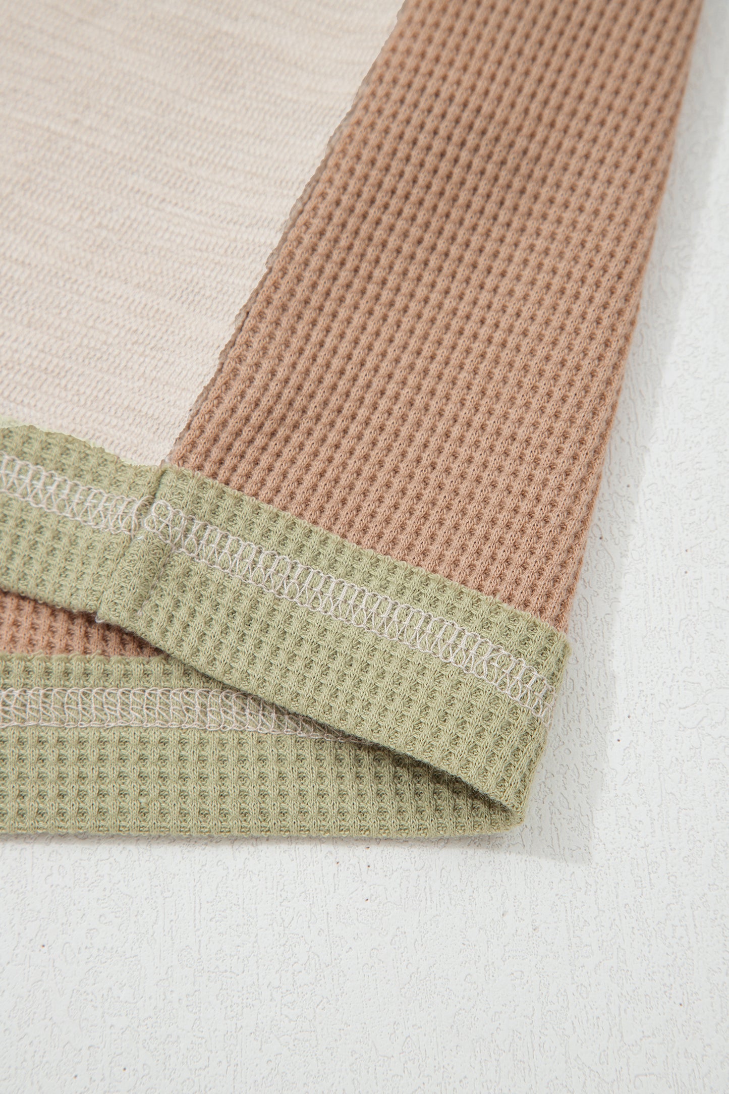 Green Plus Mixed Texture Color Block Patchwork V Neck Long Sleeve Top