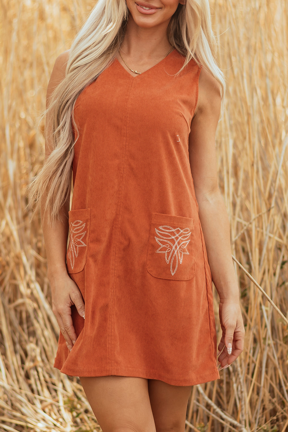 Gold Flame Corduroy Western Embroidered Patched Pocket Shift Sleeveless Mini Dress