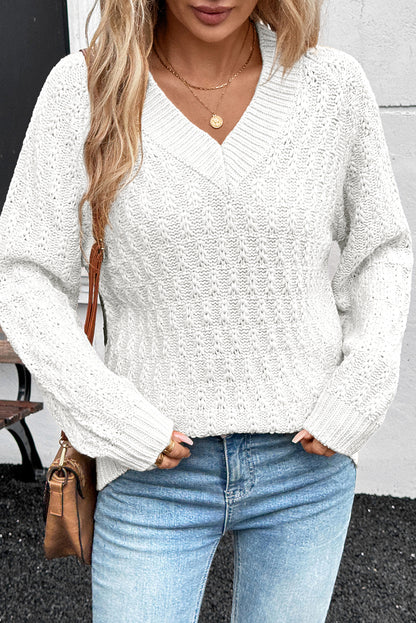 White Textured Knit Ribbed Edge V Neck Loose Sweater