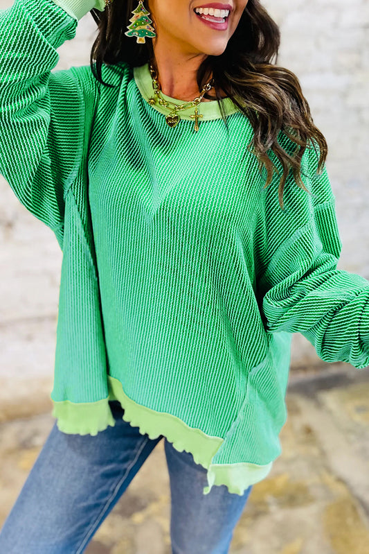 Bright Green Twisted Rib Uneven Hem Drop Shoulder Loose Knit Top
