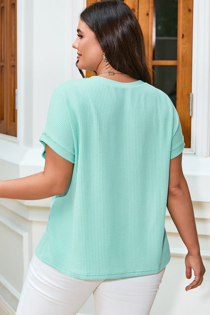 Light Blue Twisted Rib Contrast Pocket Knit Crew Neck Plus Size T Shirt