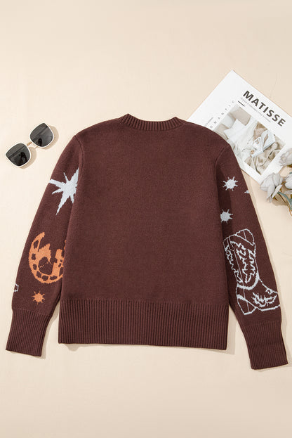 Brown Cowgirl Fashion Print Casual Sweater