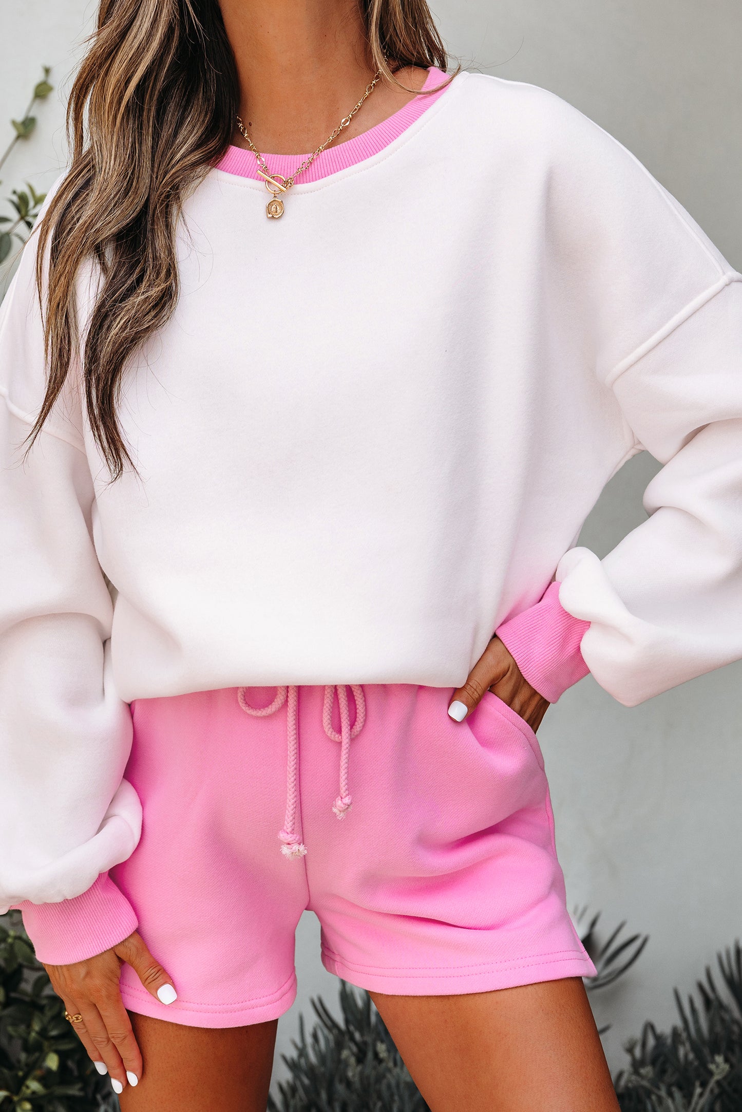 Strawberry Pink Color Block Pullover and Lace-up Elastic Waist Shorts Set