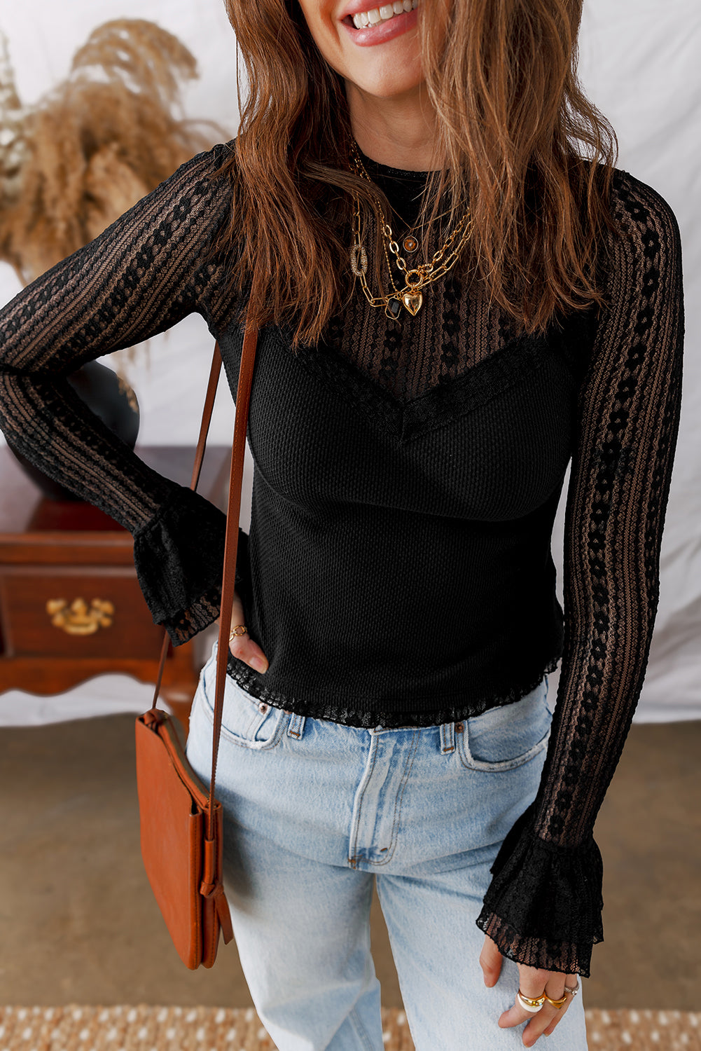 Black Lace Patchwork Flounce Sleeve Slim Fit Top