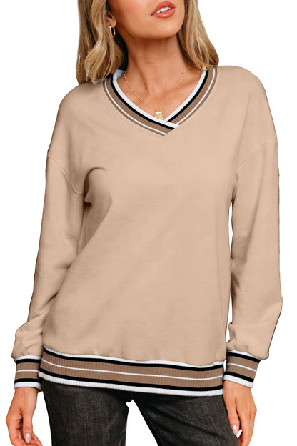 Parchment Varsity Contrast Striped Trim V Neck Sweatshirt