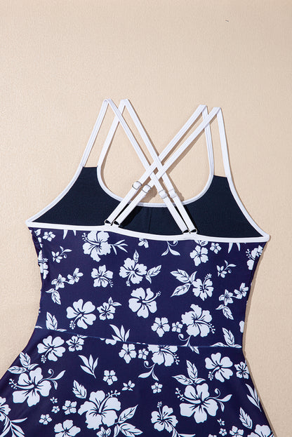 Blue Crossed Back Floral Print Asymmetric Knot Side One Piece Swimsuit