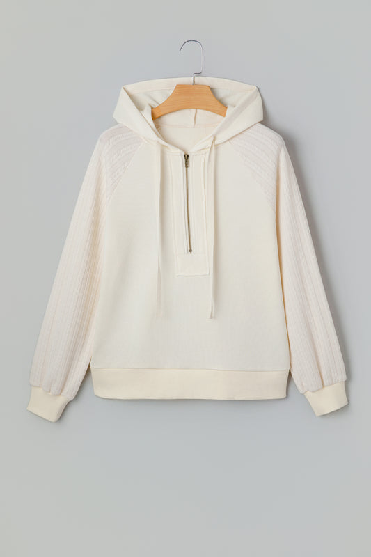 Beige Solid Color Textured Sleeve Patchwork Half Zip Hoodie