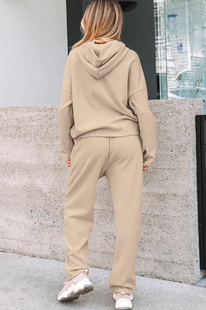 Rose Tan Lace Drawstring Pullover Hoodie and High Waist Pants Corduroy Suit
