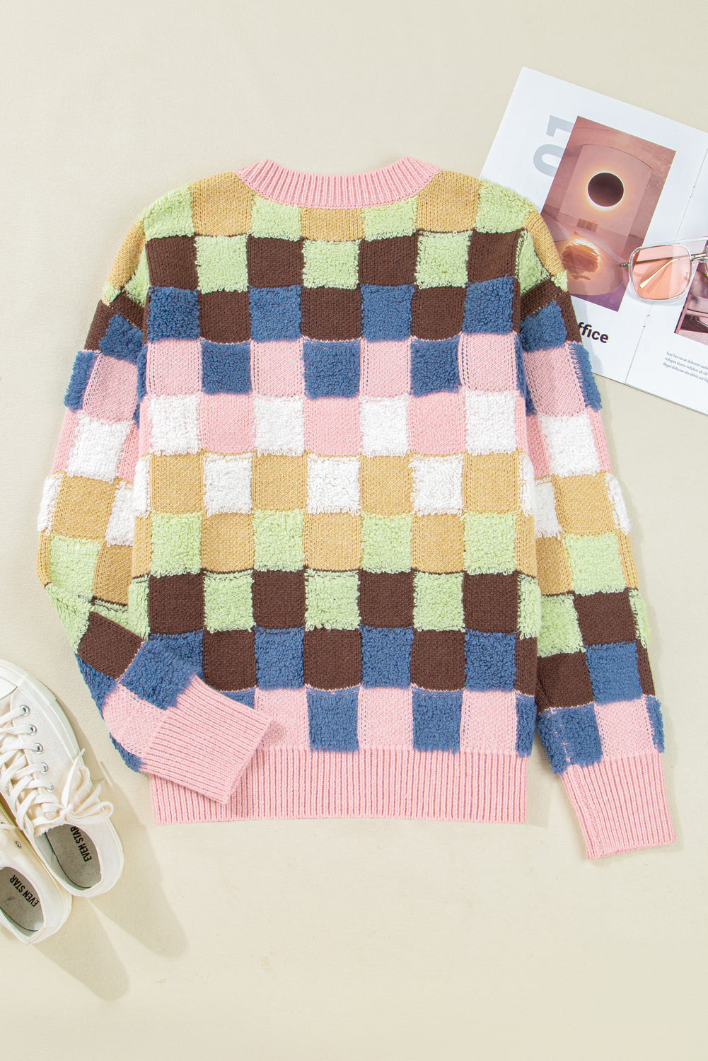Multicolour Plush Checkered Pattern Button Front Cardigan Sweater