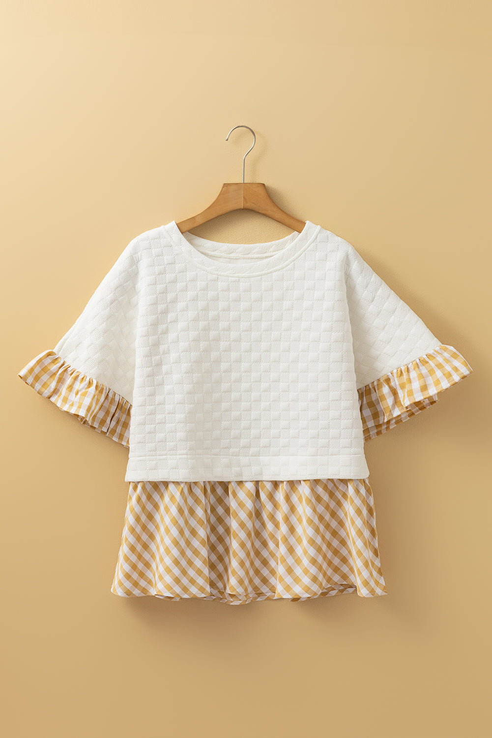 White Textured Checker Contrast Print Ruffled Sleeve Blouse