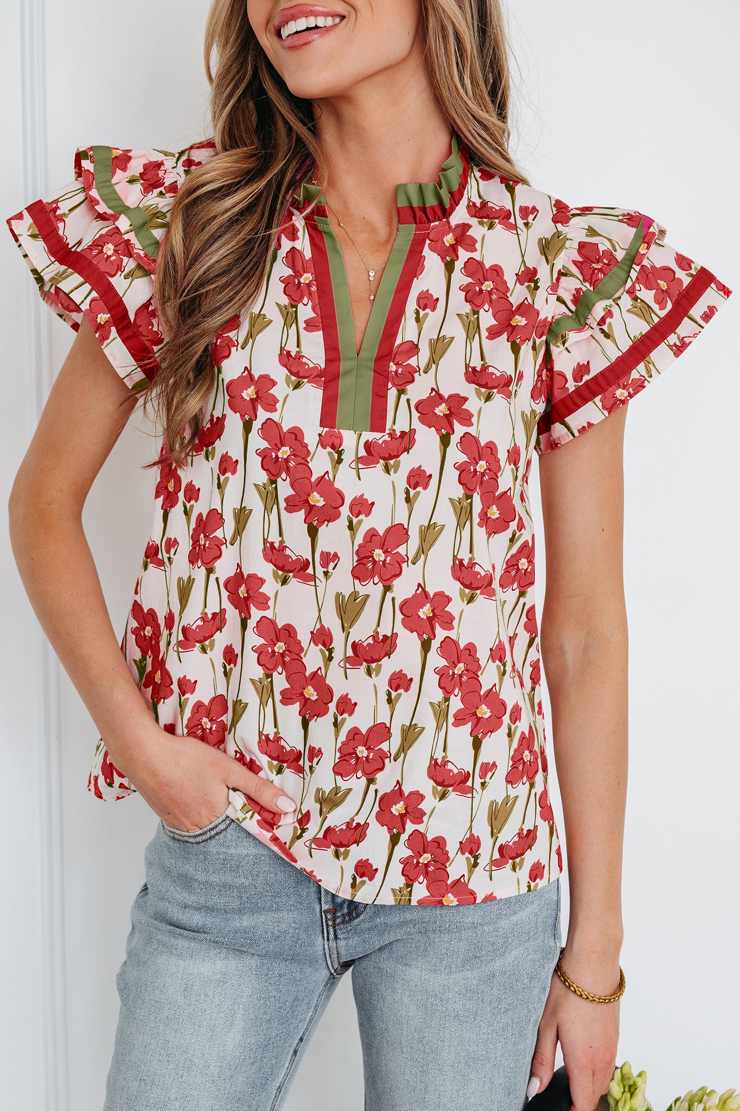 Red Floral Print Contrast Trim V Neck Double Ruffled Short Sleeve Blouse